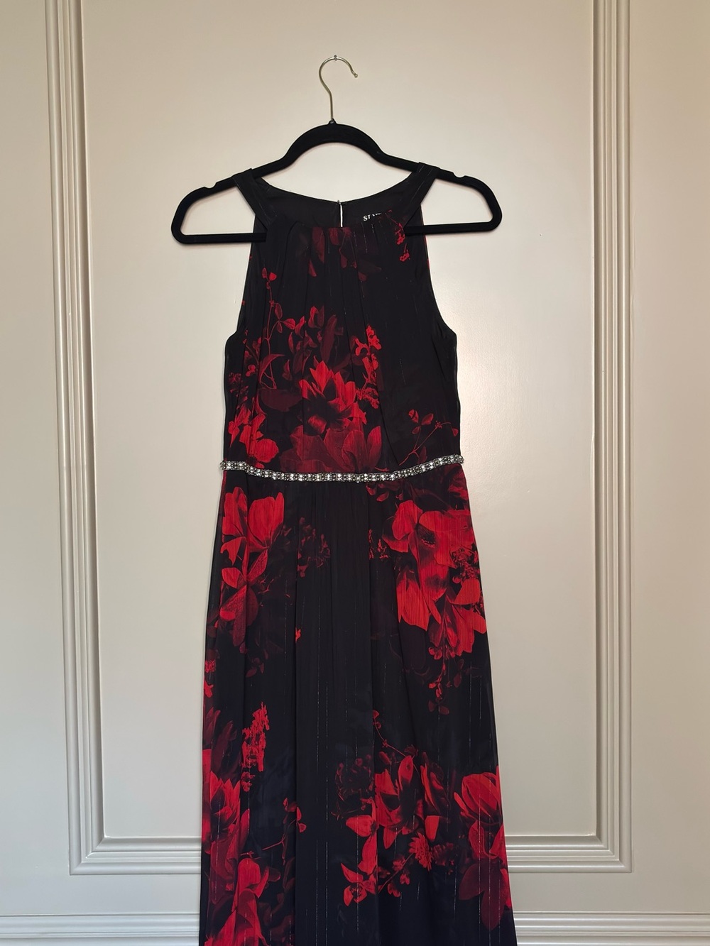 SLNY Black Maxi Dress with Red Floral Print and Rhinestone Waist